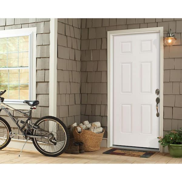 36 in. x 80 in. 6-Panel Left Hand Inswing Primed White Steel Prehung Front Exterior Door with Vinyl Frame
