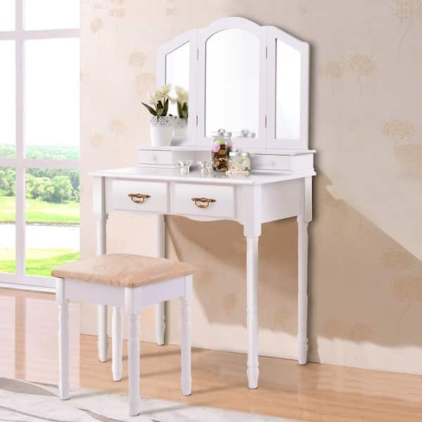 31.5 in. W x 16 in. D x 55 in. H White Vanity Makeup Dressing Table Stool Set with Folding Mirror 4-Drawers