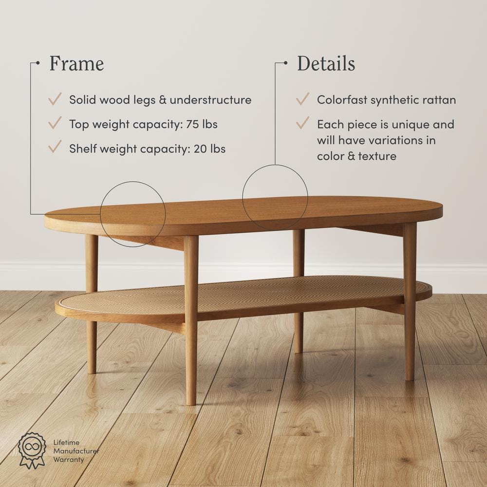 Honey Brown Oval Wood Coffee Table with Storage Shelf