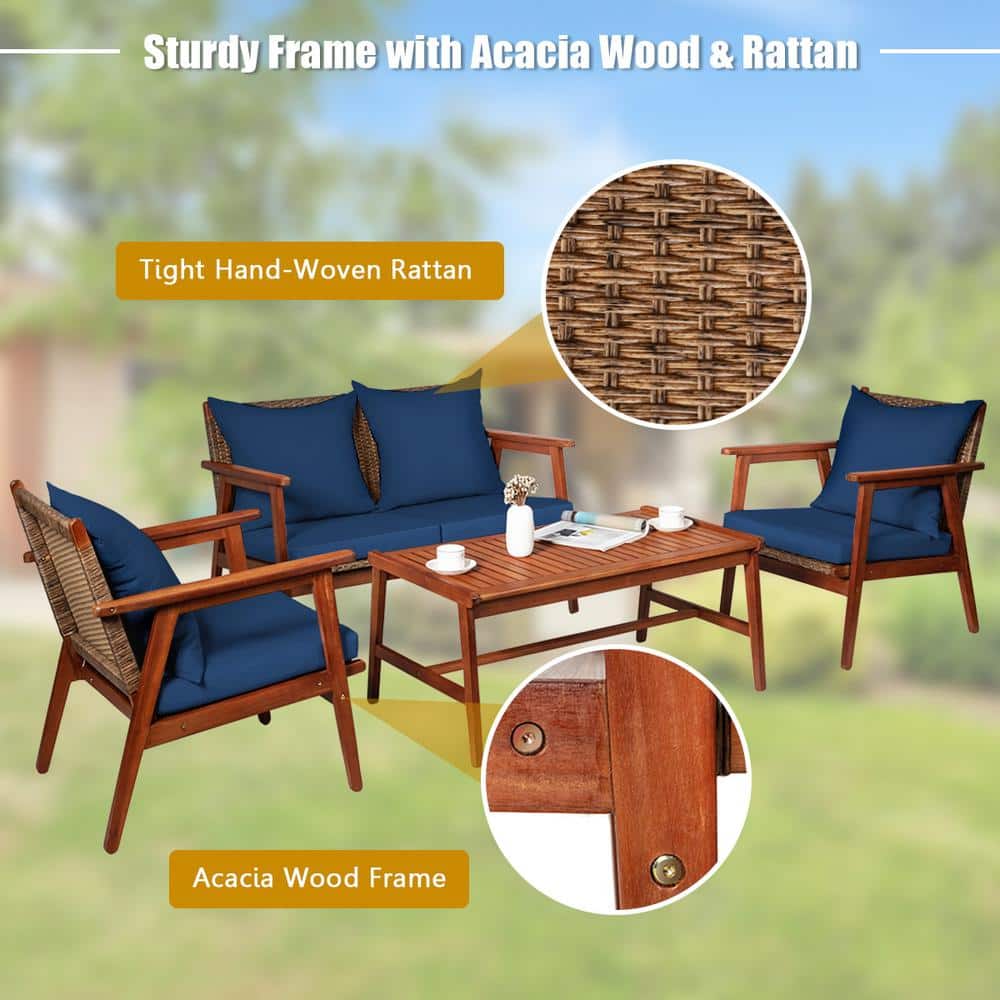 Navy Acacia Wood and Rattan 4-Piece Outdoor Patio Set
