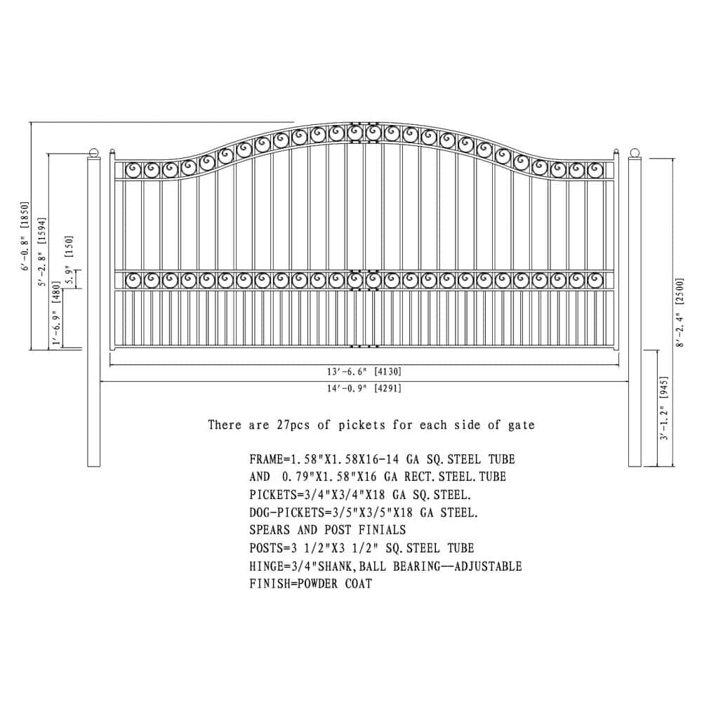Paris Style Black Steel Sliding Driveway Gate with Pedestrian Gate