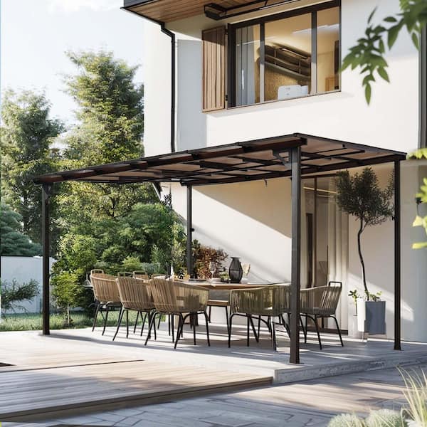 10 ft. x 12 ft. Outdoor Pergola Gazebo, Wall-Mounted Lean to Metal Awning Gazebo w/ Roof for Patio Decks, Backyard, Gray