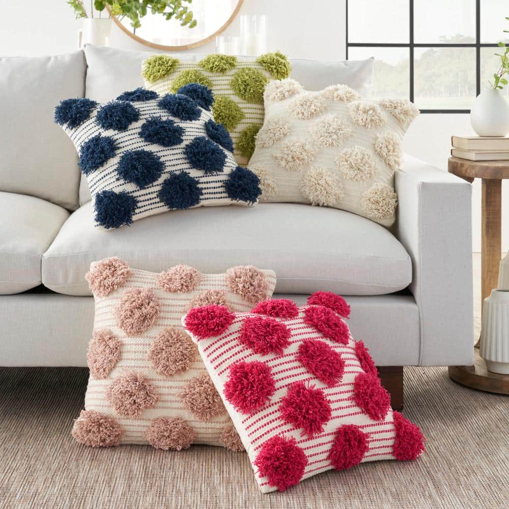 Blush and Ivory Cotton Tufted Pom Poms Square Throw Pillow 18"
