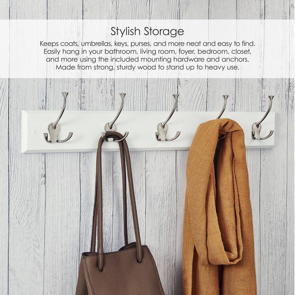 White Wall Mounted Coat Rack with 5 Silver Metal Hooks