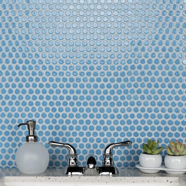 Hudson Penny Round Light Blue 12 in. x 12-5/8 in. Porcelain Mosaic Tile (10.7 sq. ft./Case)