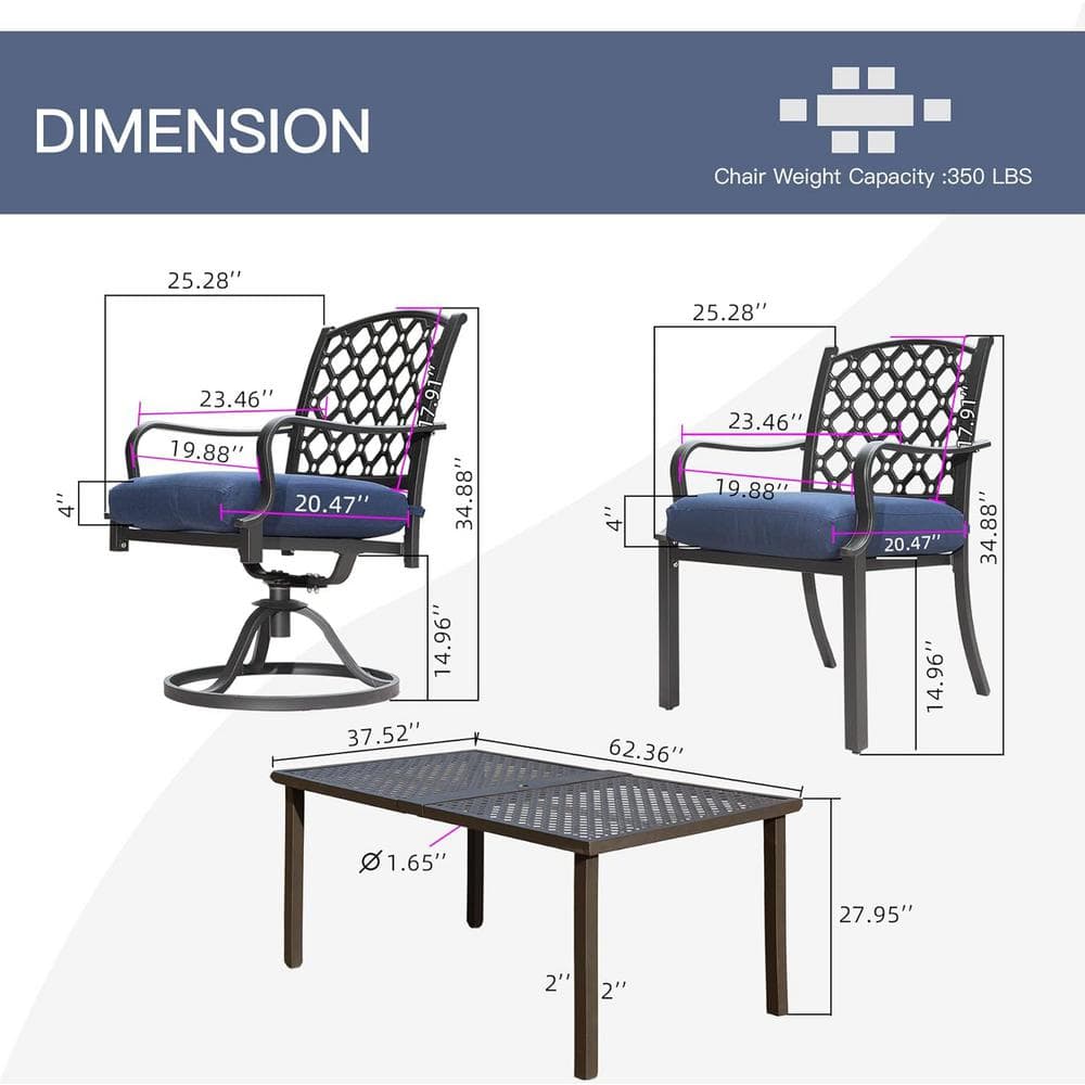 7-Piece Dark Brown Steel Outdoor Dining Set with Navy Blue Cushions