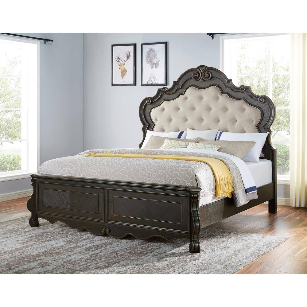 Traditional King Brown Wood Upholstered Tufted Bed
