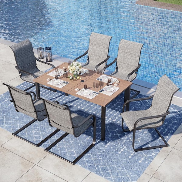 PHI VILLA Black 7-Piece Metal Outdoor Patio Dining Set with Wood-Look Rectangle Table and C-Spring Textilene Chairs