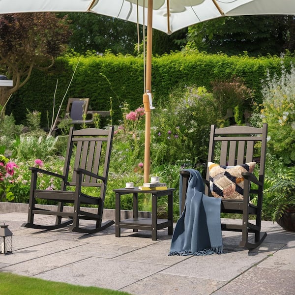 (Set of 2) Black HDPE Wood-Look Plastic Outdoor Rocking Chairs-Comfortable and Durable Patio Seating