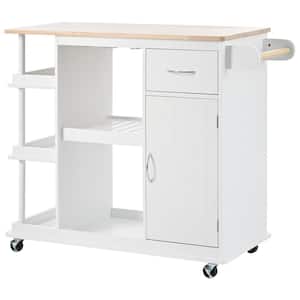 White Wood 40 in. Kitchen Island with Rubber Wood Top, Adjustable Shelves and Wine Rack