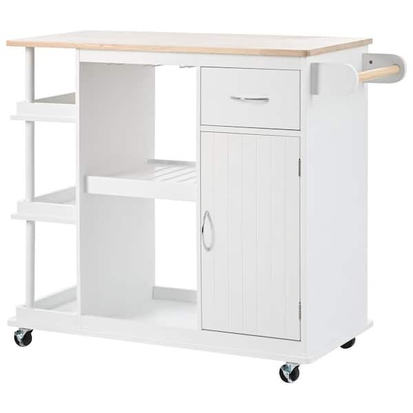 Tatahance White Wood 40 in. Kitchen Island with Rubber Wood Top, Adjustable Shelves and Wine Rack