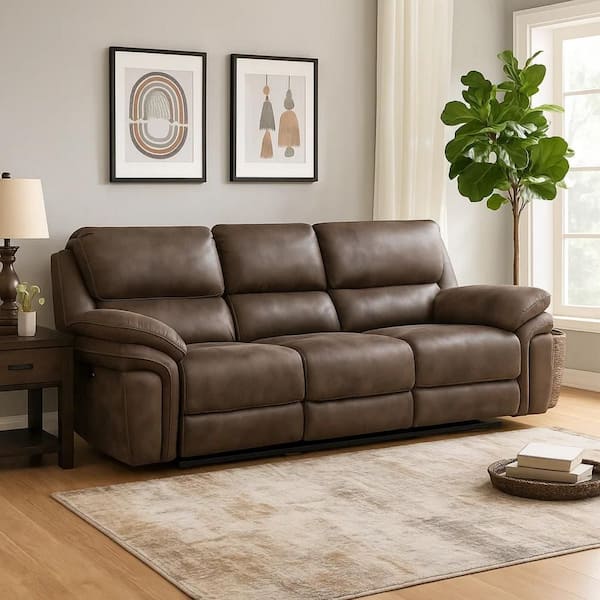 90 in. Pillow Top Arm Microfiber Rectangle Power Double Recliner Sofa in Brown