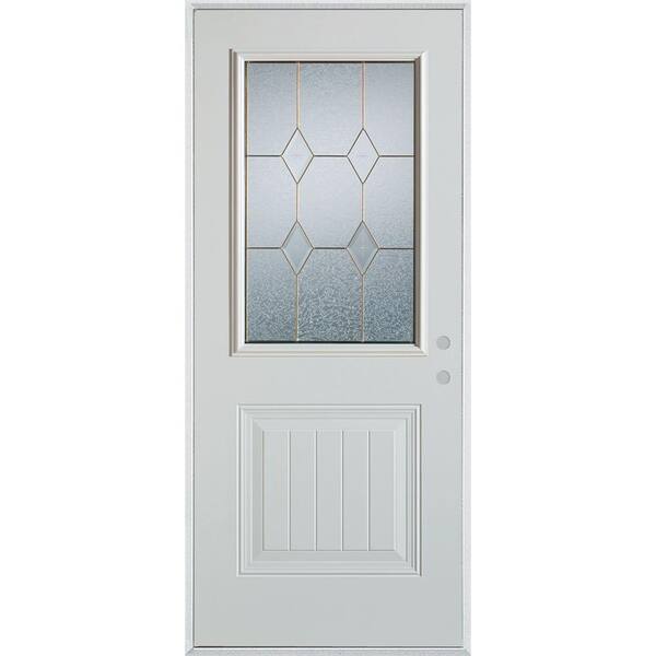 Stanley Doors 32 in. x 80 in. Geometric Patina 1/2 Lite 1-Panel Painted White Left-Hand Inswing Steel Prehung Front Door