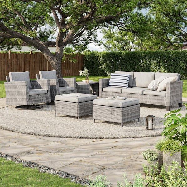 6-Piece Gray Wicker Outdoor Seating Sofa Set with Swivel Rocking Chairs, Linen Grey Cushion