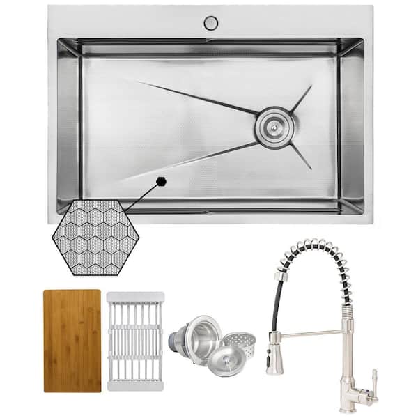 HEX 33 in. Drop-in Single Bowl Stainless Steel Workstation Kitchen Sink with Faucet