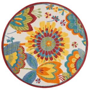 Aloha Multicolor 5 ft. x 5 ft. Round Floral Contemporary Indoor/Outdoor Patio Area Rug