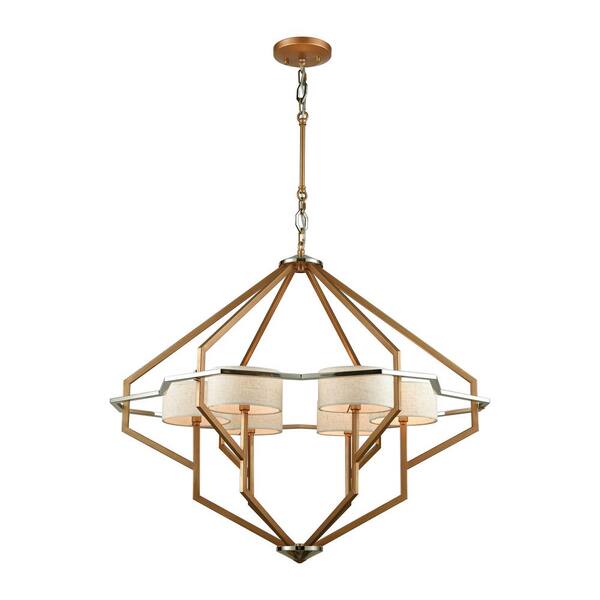 Titan Lighting Warrenton 6-Light Matte Gold with Polished Nickel Accents Chandelier with Beige Linen Shades