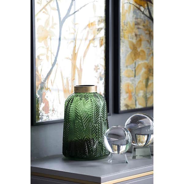 A & B Home 9.5 in. Green and Gold Fern Leaf Glass Vase 76888 - The
