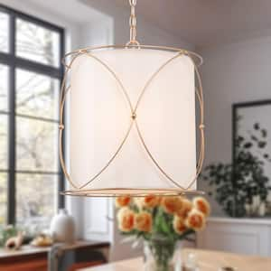 Gold Drum Chandelier, 3-Light Modern Champagne Gold Island Dining Room Pendant Light with Fabric Shade