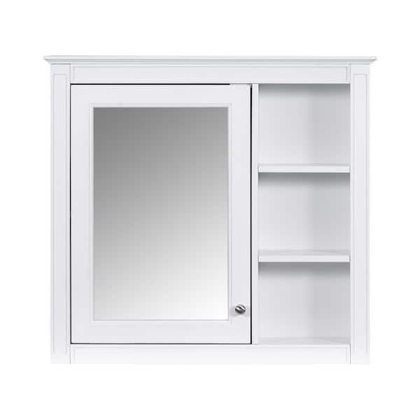 30 in. W x 28 in. H White Rectangular Wood Medicine Cabinet with Mirror, 3 Open Shelves