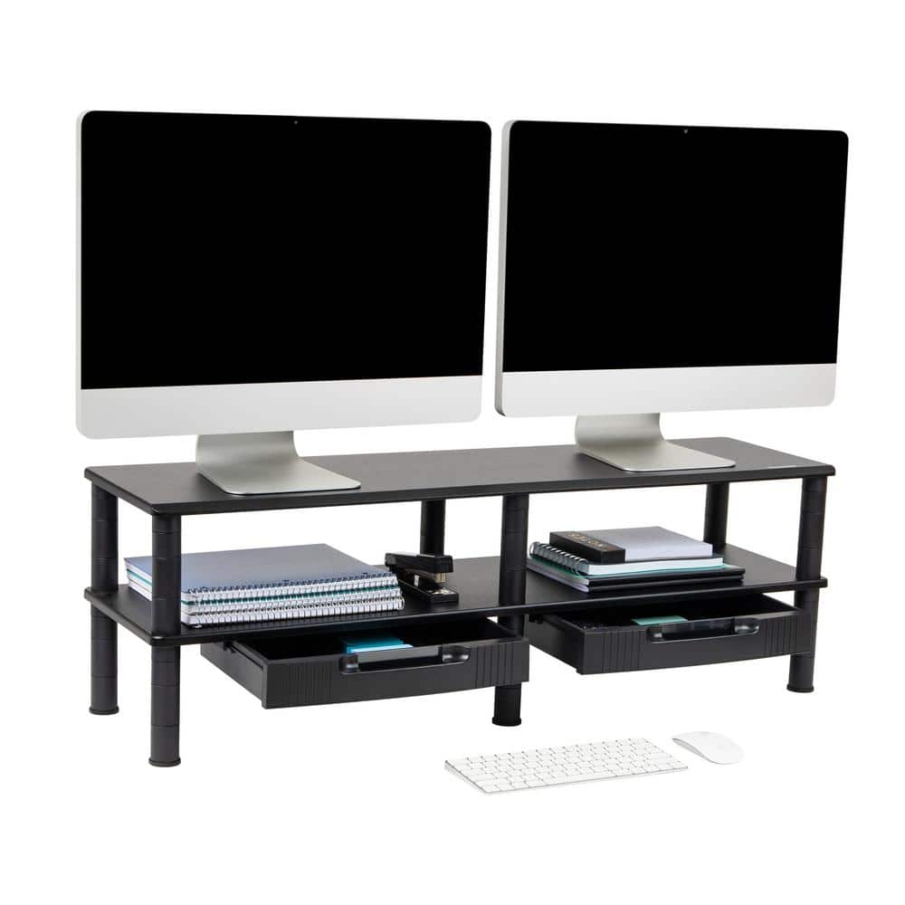 Black Dual Monitor Stand with Storage Shelves and Drawers