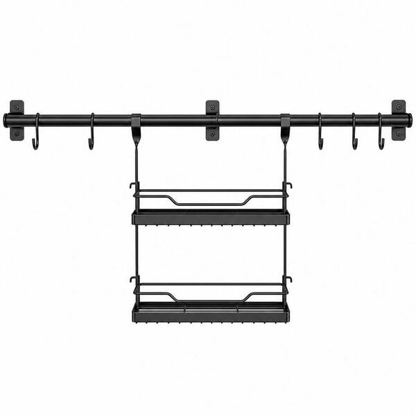 2-Tier Wall Mounted Metal Utensil Hanger with Hooks, Towel Bar and Spice Rack for Kitchen Storage, Matte Black