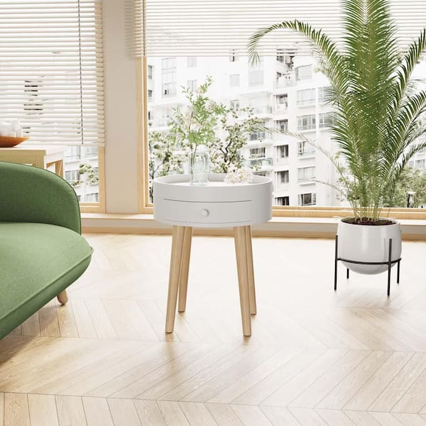 wetiny 15.00 in. White Round Mdf Coffee Table with Storage Drawer Bedside Table