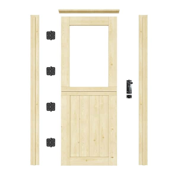 30 in. x 80 in. Solid Pine Universal 1-Lite Clear Glass Unfinished Dutch Wood Prehung Front Door +Quick Assemble Jamb