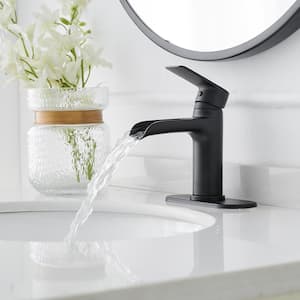 Waterfall Single Handle Single Hole Modern Bathroom Faucet Bathroom Drip-Free Vanity Sink Faucet in Matte Black