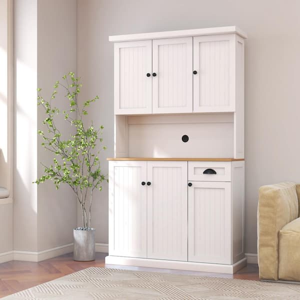 39.76inx14.96inx70.86in MDF Ready to Assemble Kitchen Cabinet in White with Microwave Countertop, 6 Doors and 1 Drawer