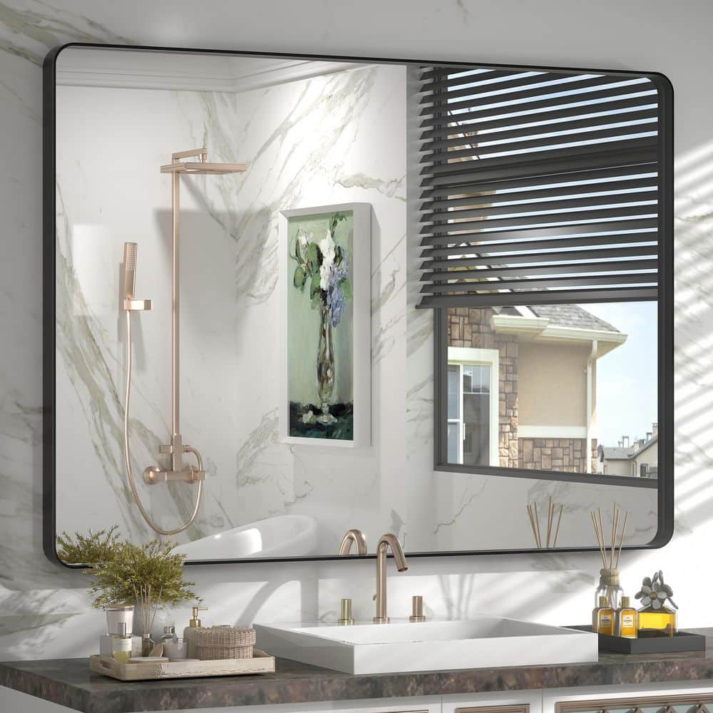 44 in. W x 32 in. H Rectangular Aluminum Alloy Framed and Tempered Glass Wall Bathroom Vanity Mirror in Matte Black price history on PriceWatchPro