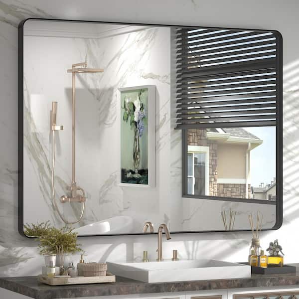 44 in. W x 32 in. H Rectangular Aluminum Alloy Framed and Tempered Glass Wall Bathroom Vanity Mirror in Matte Black