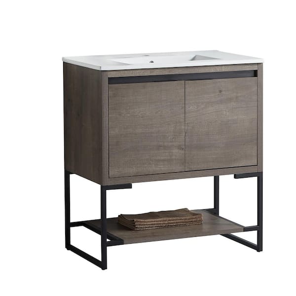 JimsMaison 32 in. W x 18 in. D x 34.25 in. H Bath Vanity in Plaid Grey Oak with Ceramic Vanity Top in White with White Basin