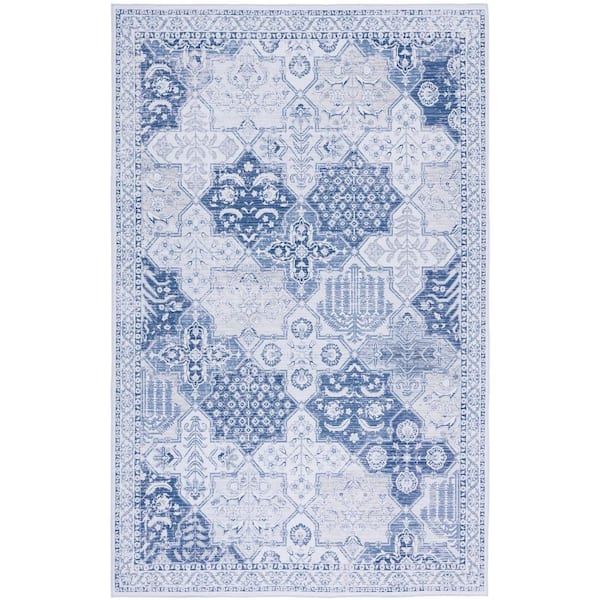 SAFAVIEH Tuscon Gray/Navy 6 ft. x 9 ft. Machine Washable Border Geometric Area Rug