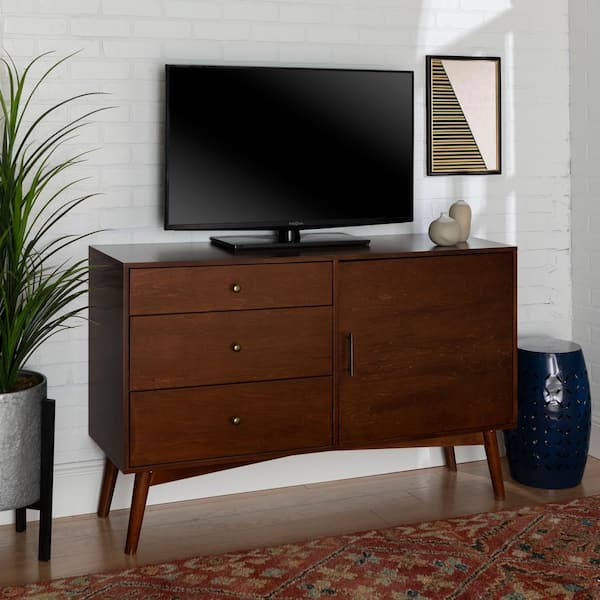 Walker Edison Furniture Company 55 in. Walnut MDF TV Stand with 3 Drawer Fits TVs Up to 55 in. with Doors