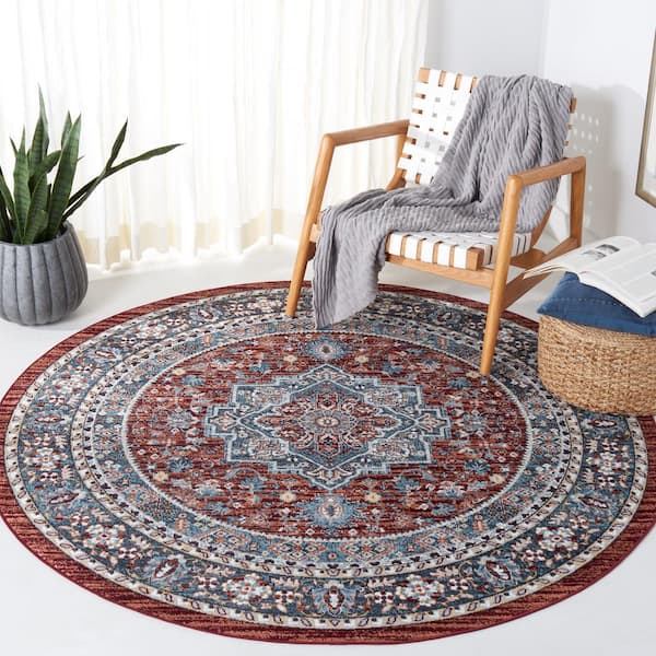 Bayside Red/Blue 7 ft. x 7 ft. Machine Washable Border Medallion Round Area Rug