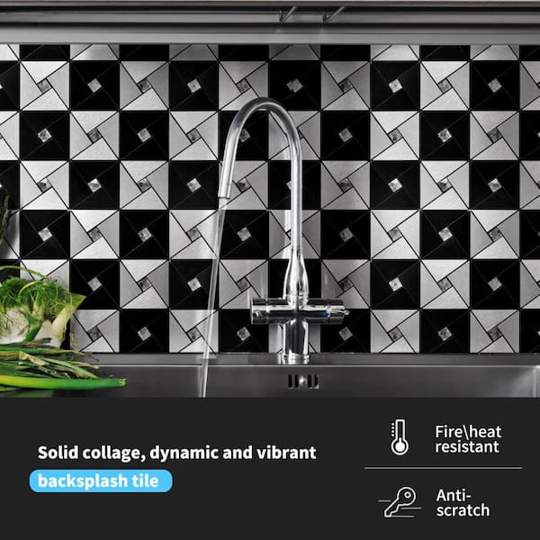 Black and Silver 12 in. x 12 in. Metal Peel and Stick Tile Backsplashes, Windmill Puzzle Glass Mixed (9.6 sq. ft./Box)