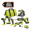 RYOBI ONE+ 18V Cordless 6-Tool Combo Kit with Compact Battery, 4.0 Ah Battery, and Charger PCL1600K2