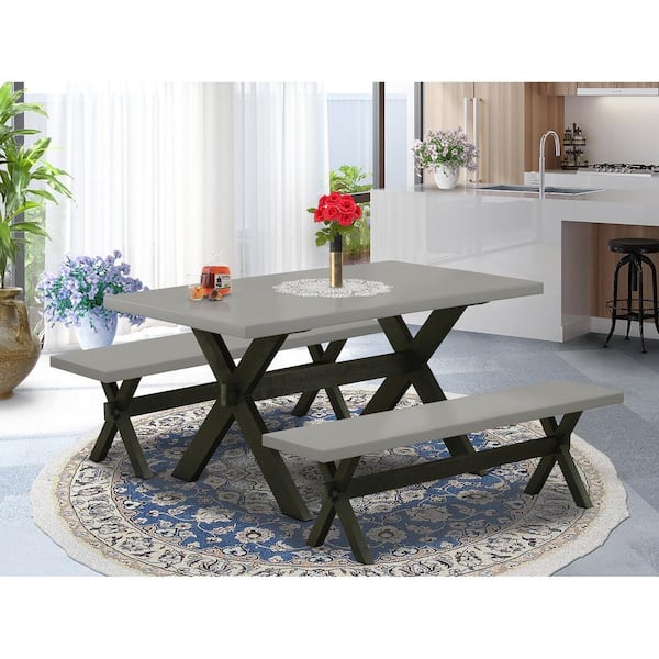 East West Furniture 3-Piece Rectangle Natural Oak Finish Solid Wood Top Dining Table with 2-Benches with Backless