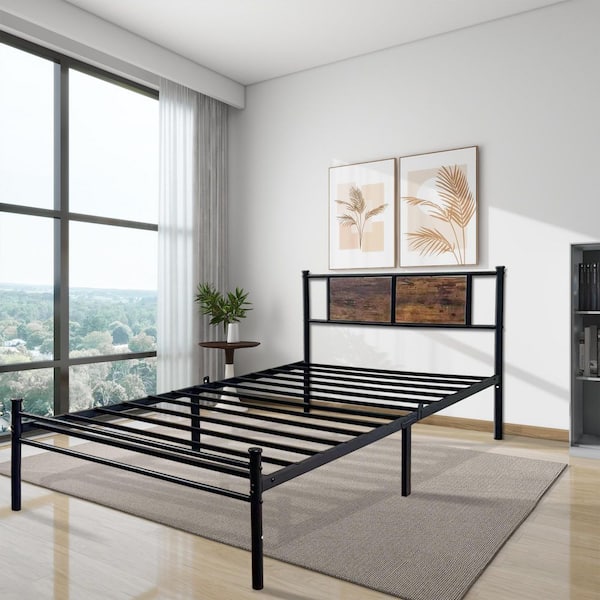 Black Iron Metal Frame Twin Platform Bed with Rustic Panel Headboard,Industrial Style Bed Frame for Kids and Adults