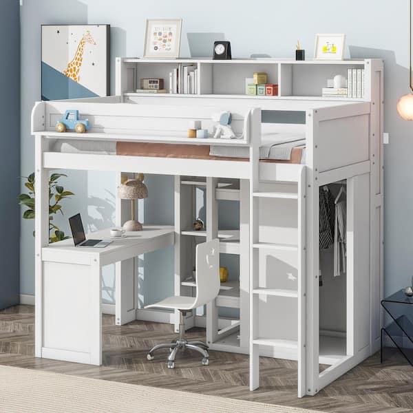 Harper & Bright Designs White Twin Size Wood Loft Bed with Wardrobe ...