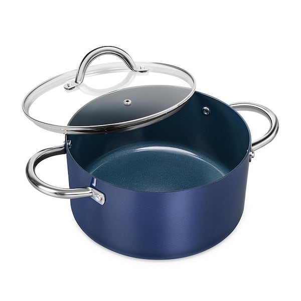 6 Quart Blue Nonstick Ceramic Stock Pot with Lid Aluminum Body Stainless Steel Handle Induction Compatible