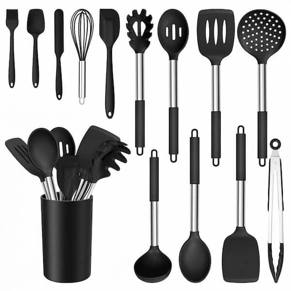 Cream White Silicone Finish Kitchen Utensils Set with Holder, Spatula, Ladle, Spoon, Slotted Turner, 14 Piece