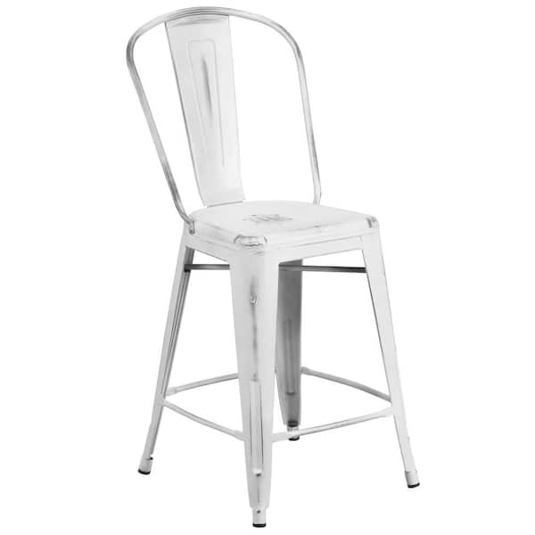 Flash Furniture 24 in. Distressed White Metal Bar Stool