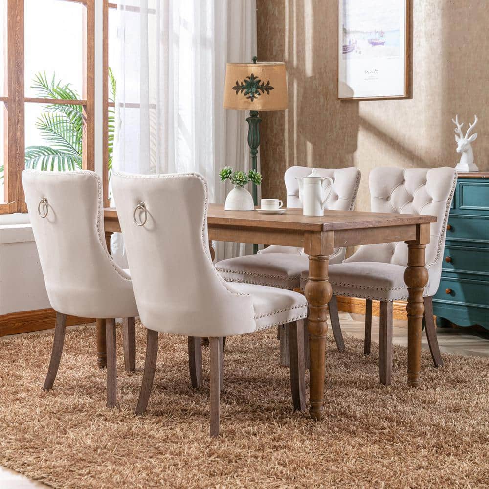 Beige Velvet Upholstered High Back Side Chairs with Wood Legs