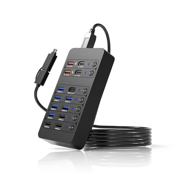 Lukyamzn 14 Port Powered USB Hub with 6 USB 3.0 4 Charging Ports 1 USB-C Data Port Individual LED Switches MacBook Laptop PC