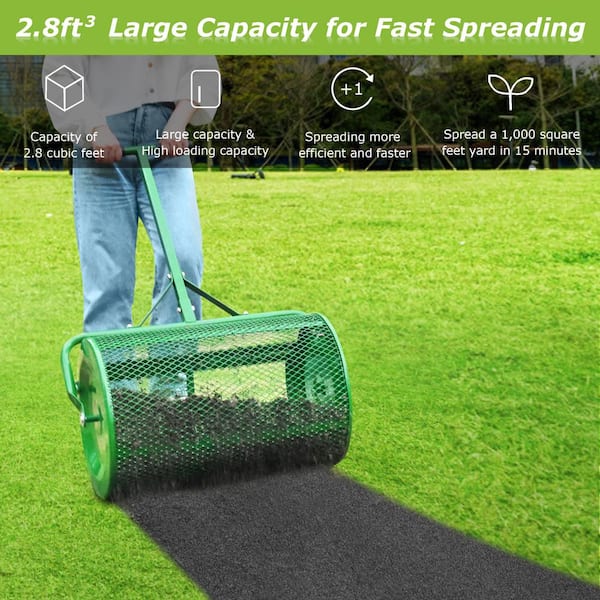 24 in. Green All-Steel Compost and Peat Moss Spreader, Lawn and Garden Roller for Manure and Topsoil