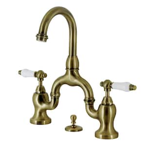 English Country 2-Handle 8 in. Bridge Bathroom Faucets with Brass Pop-Up in Antique Brass