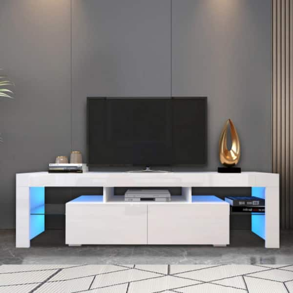 62.99 in. Wood White TV Stand Cabinet Media Console Table Fits TV's up to 69 in with 16-Color LED Light&4 Flash Effects