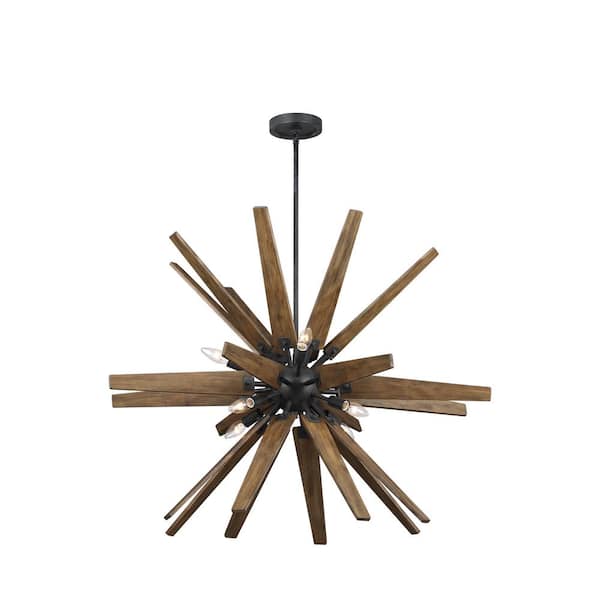 Thorne 8-Light Dark Weathered Zinc and Weathered Oak Rustic Candlestick Hanging Sputnik Chandelier